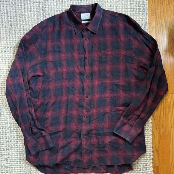 Billy Reid Navy Red Checkered Linen Button Down Shirt XL - Picture 1 of 5